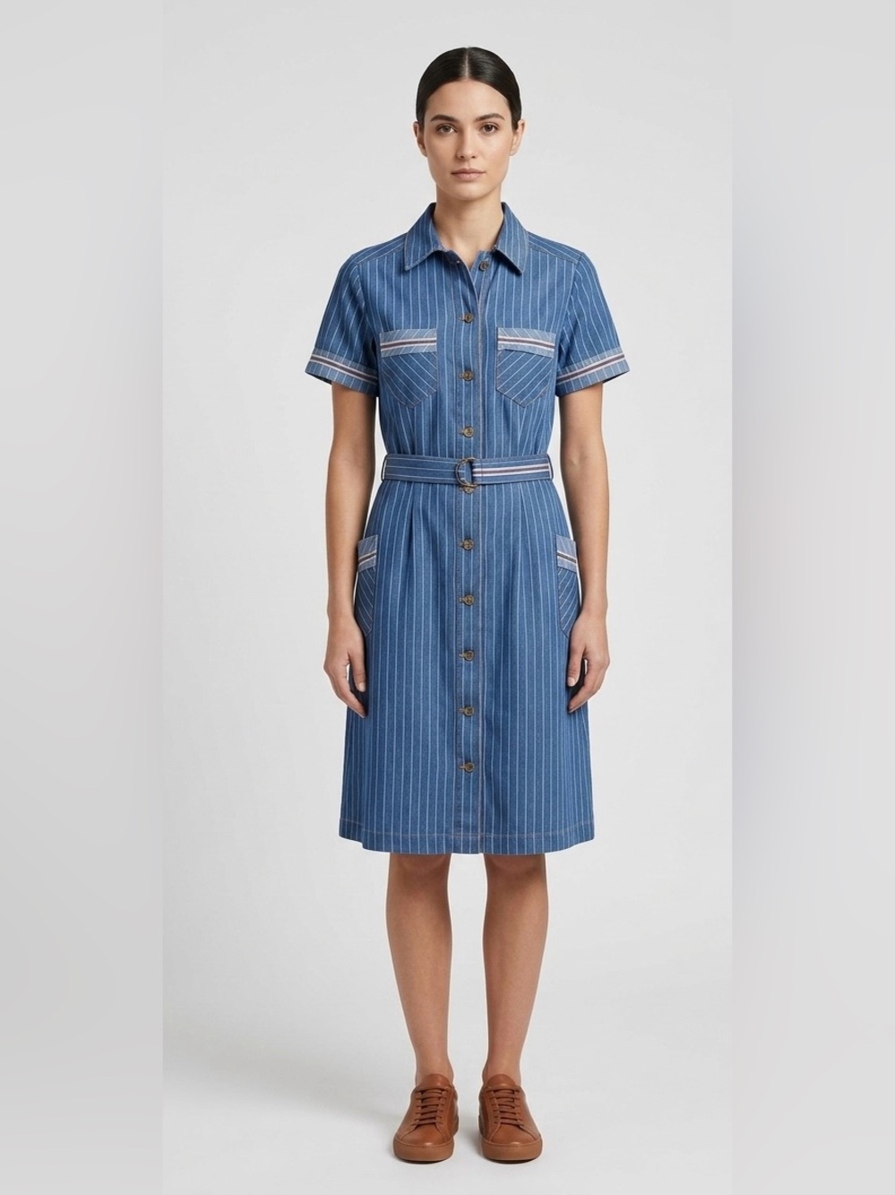 Filomena Fernández Striped Denim Shirt Dress with Belt - Blue Short Sleeve Midi